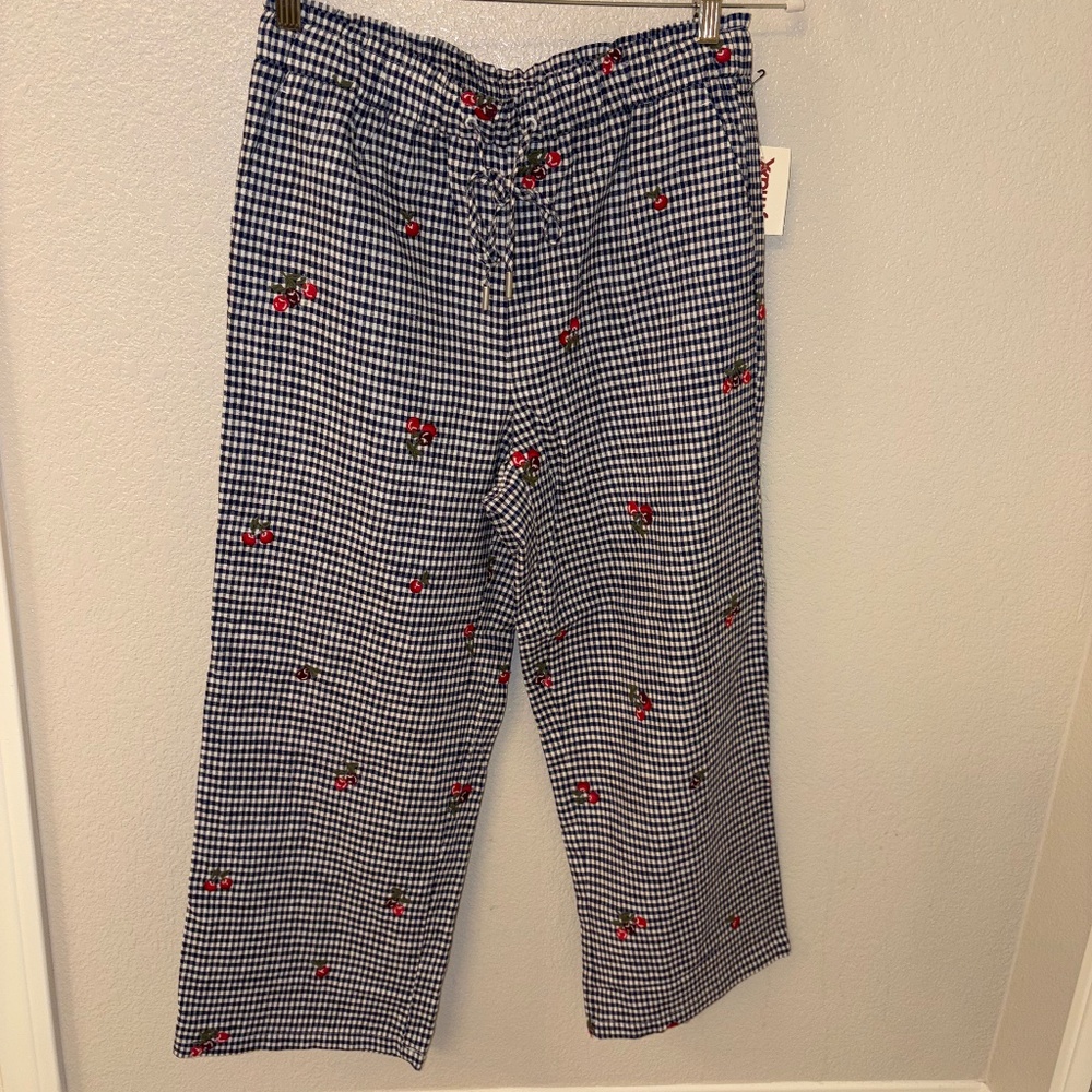 NICOLE MILLER Blue White Gingham Linen Pant Cherry Embroidered Drawstring Size 8 - Picture 6 of 9